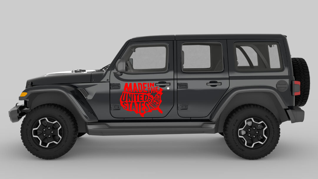 Red Proudly Made in America Map Graphic Decals on Black Jeep Wrangler JL