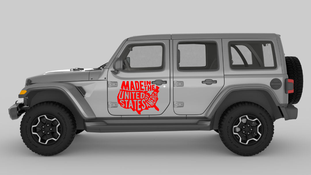 Red Proudly Made in America Map Graphic Decals on Gray Jeep Wrangler JL