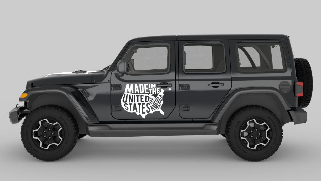 White Proudly Made in America Map Graphic Decals on Black Jeep Wrangler JL
