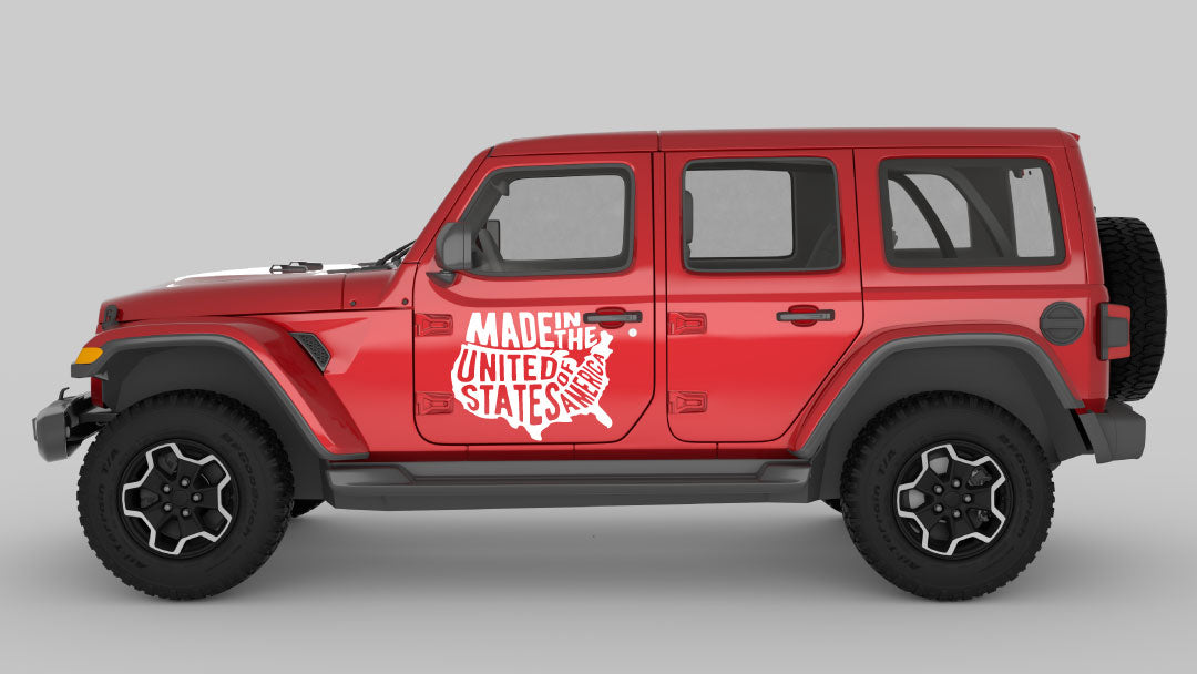 White Proudly Made in America Map Graphic Decals on Red Jeep Wrangler JL