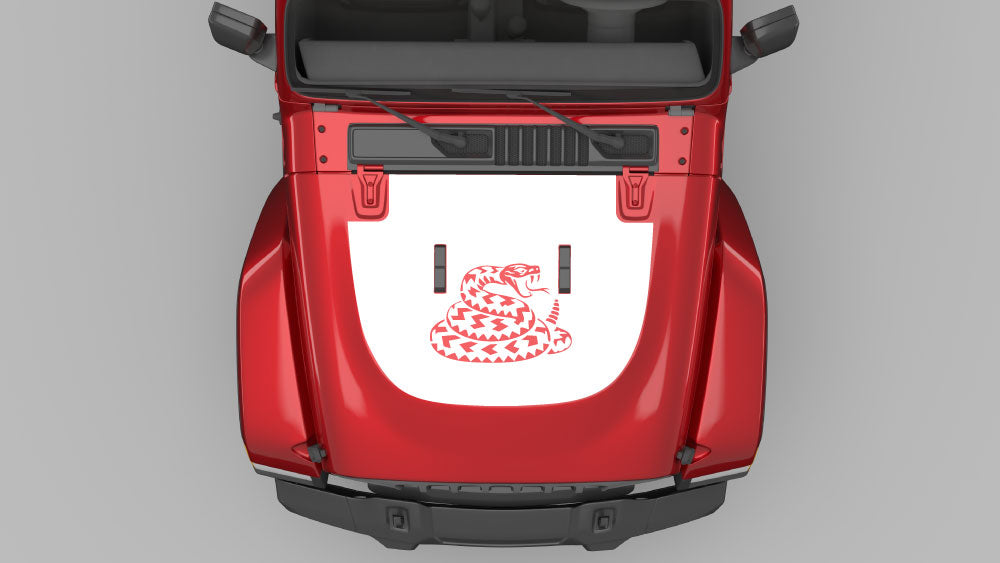 White rattlesnake hood decal graphics on red Jeep Wrangler JL hood