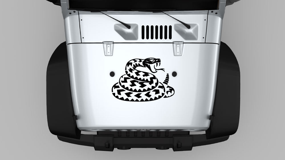 Rattlesnake strike hood decal on white Jeep Wrangler JK hood