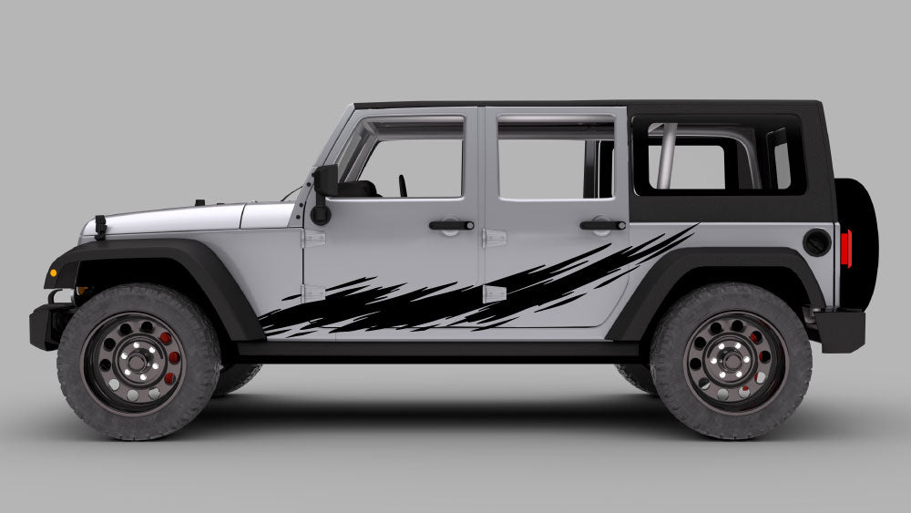Jeep Wrangler JK 4-door with white razor slash side streak rocker panel decal graphics