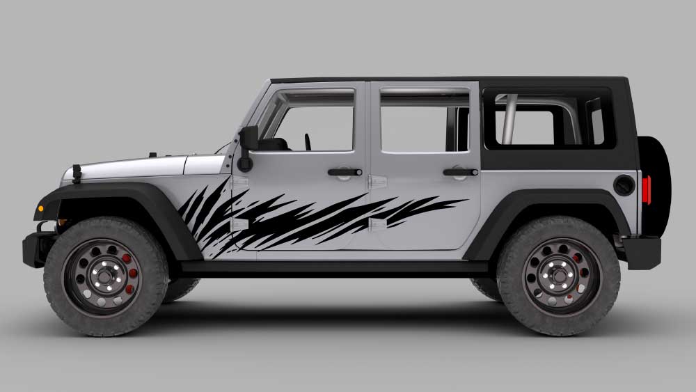 Silver Jeep Wrangler JK with black razor splash rocker side decals