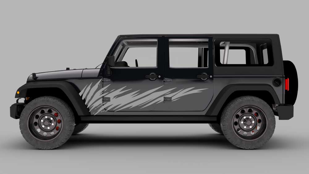 Gray Jeep Wrangler JK with gray razor splash rocker side decals