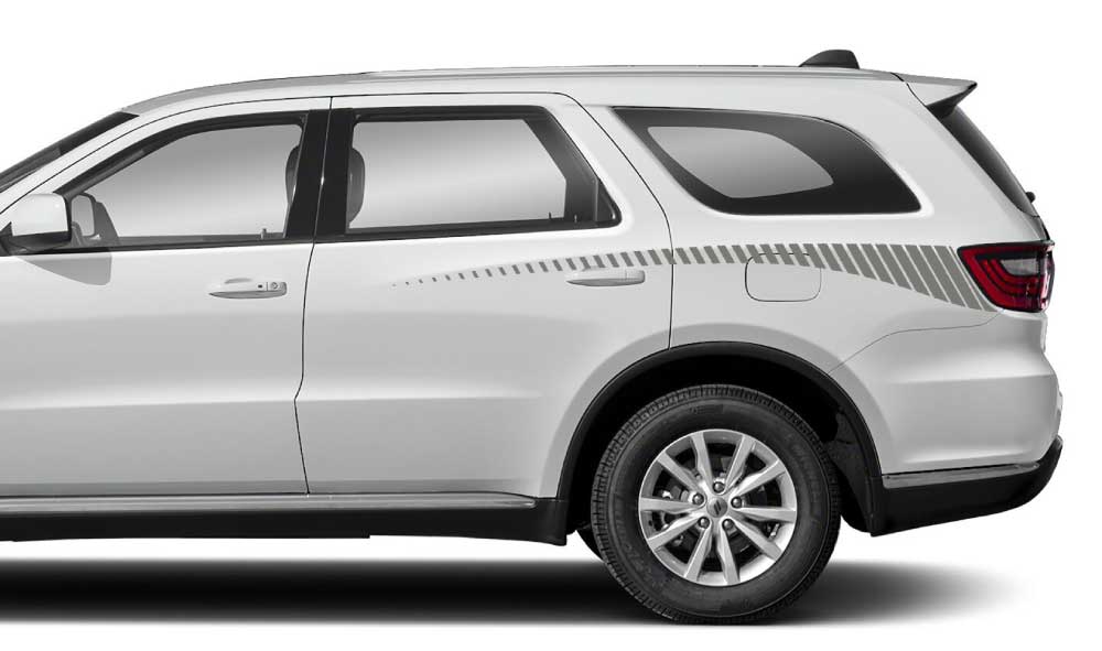Dodge Durango 3rd gen rear spike stripes side decal kit in gray vinyl on white SUV
