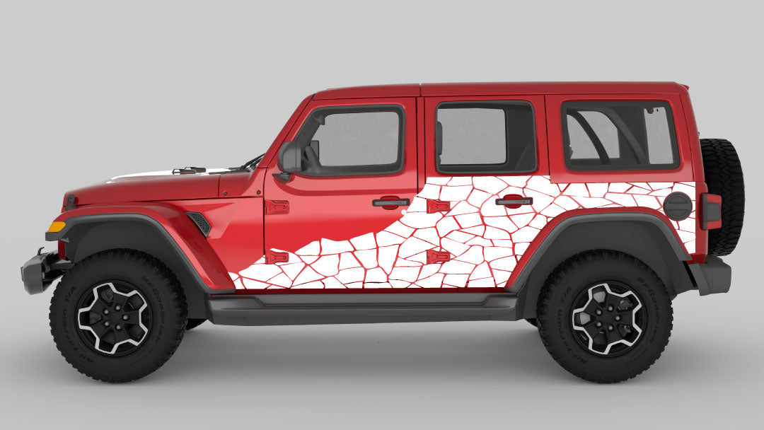 White Shattered Effect Body Decals on Red Jeep Wrangler JL
