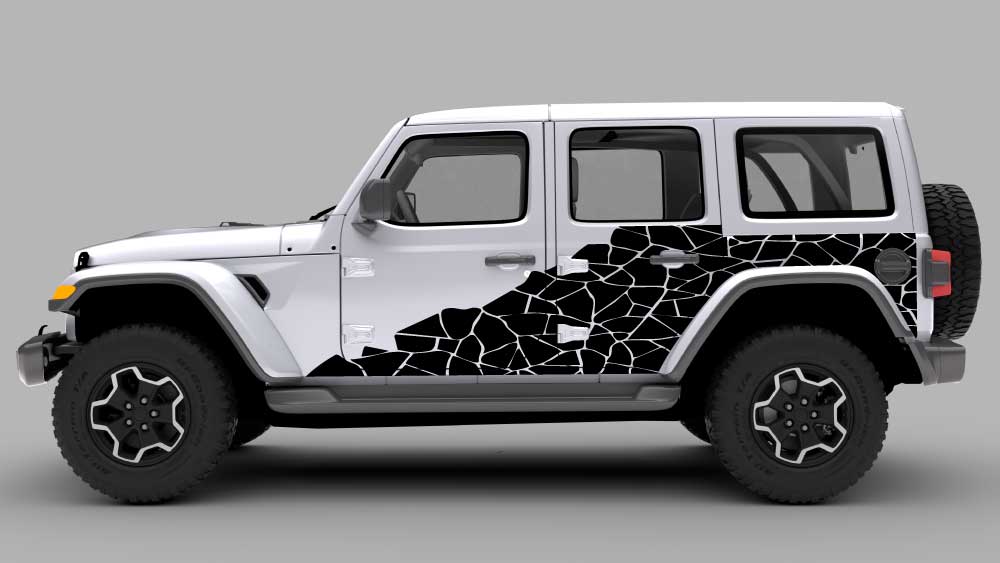Jeep Wrangler JL/JLU with shattered rock pattern rocker side decal in black on a white Jeep