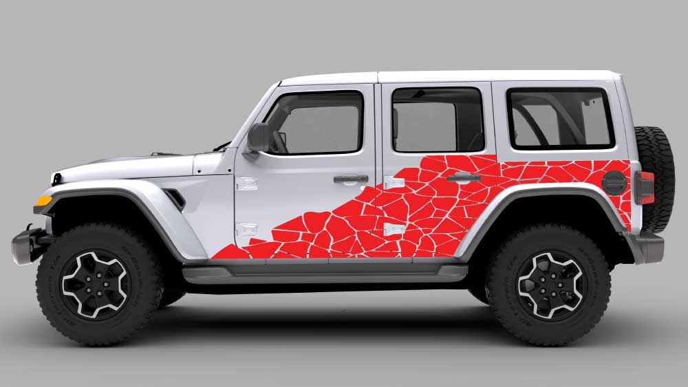 Jeep Wrangler JL/JLU with shattered rock pattern rocker side decal in red on a white Jeep