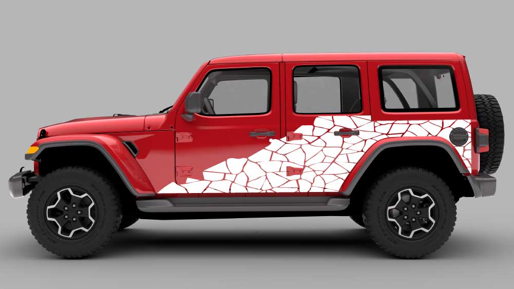 Jeep Wrangler JL/JLU with shattered rock pattern rocker side decal in white on a red Jeep