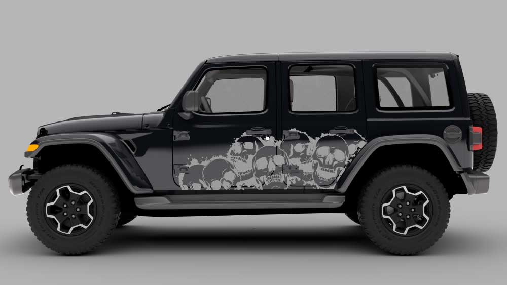 Jeep Wrangler JL JLU with skull pile rocker panel side decal graphic in gray