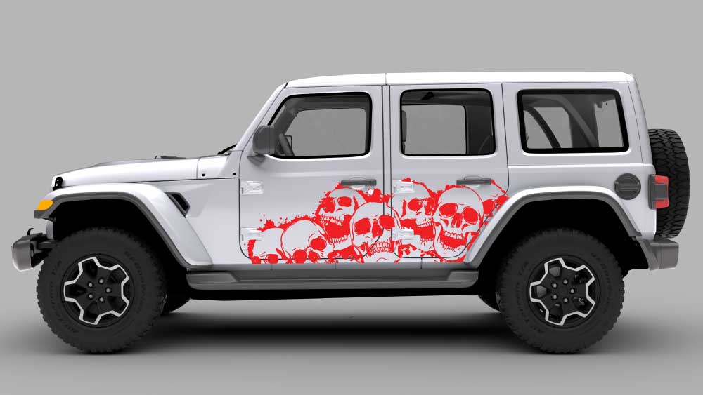 Jeep Wrangler JL JLU with skull pile rocker panel side decal graphic in red