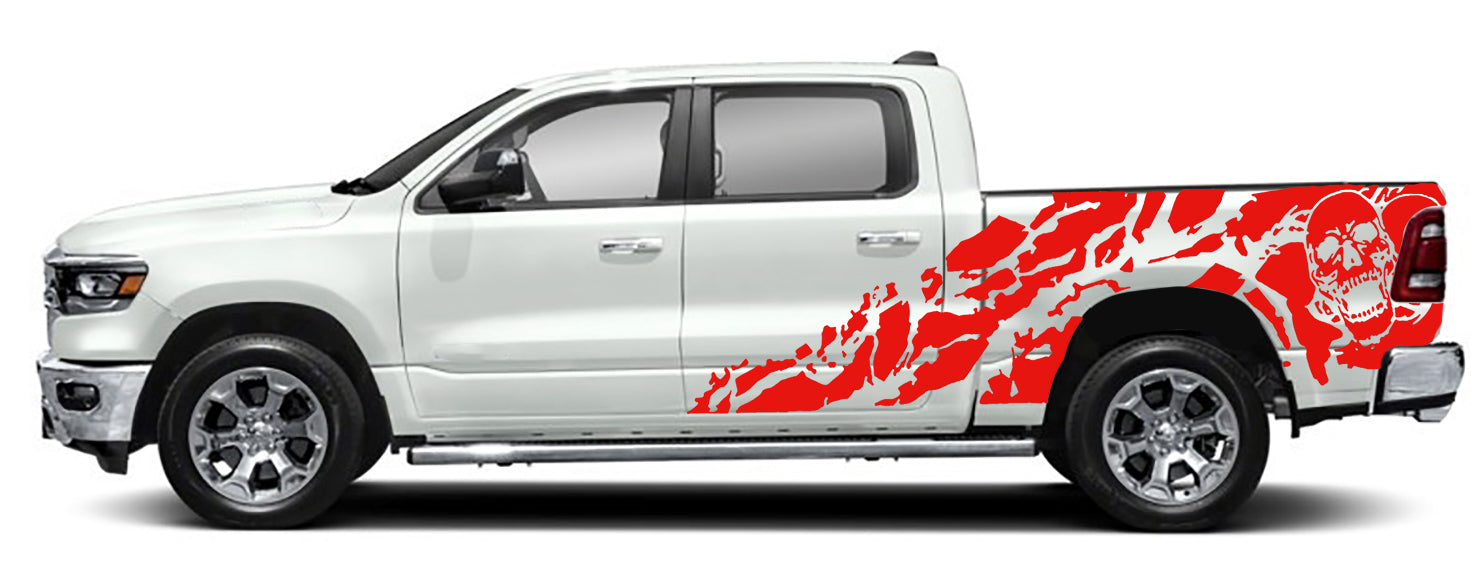 shredded skull side graphics for dodge ram 2018 to 2023 models red