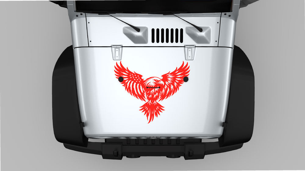 Red soaring eagle hood decal applied to a white Jeep Wrangler JK, high-contrast eagle design with spread wings.