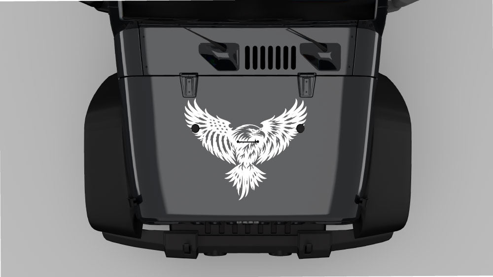 White soaring eagle hood decal on a dark gray Jeep Wrangler JK, clean and striking hood graphic with detailed feathers.