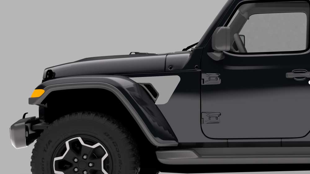 Jeep Wrangler JL JLU solid fender vent decal on black Jeep (gray vinyl)