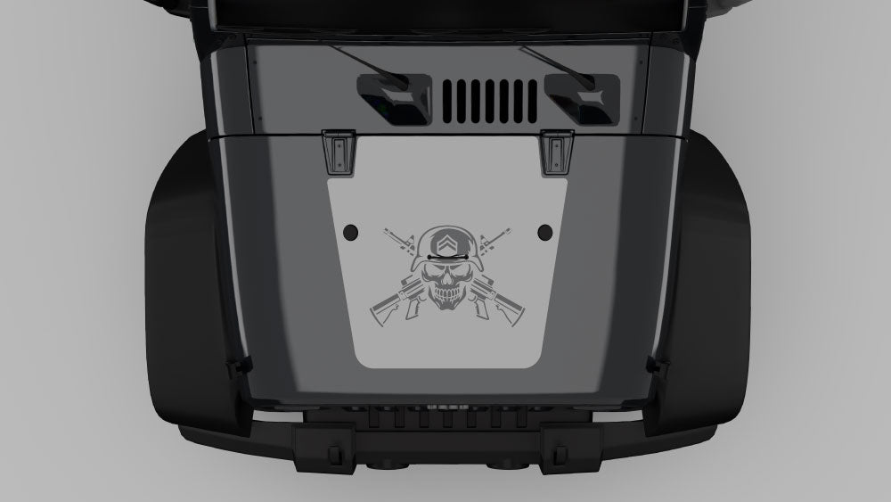 Gray tactical skull and crossed rifles hood decal graphics on black Jeep Wrangler JK hood