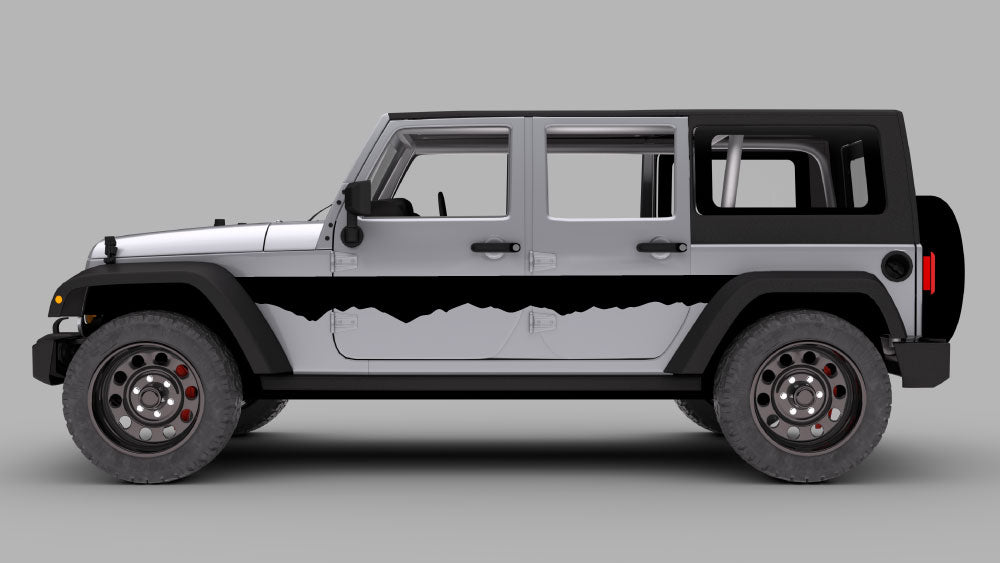 Gray Jeep Wrangler JK with white torn-edge side stripe vinyl decal graphics kit