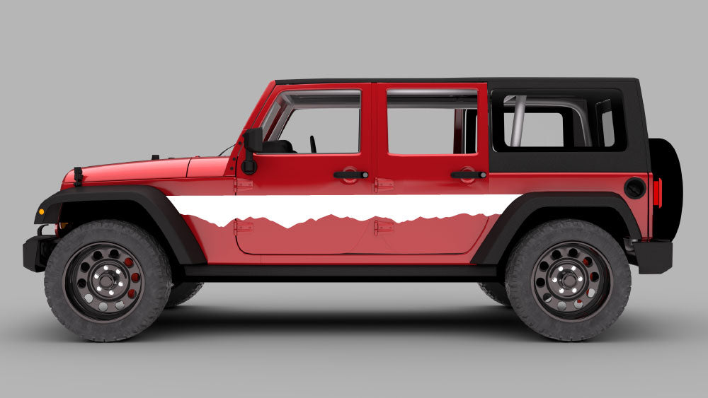 Red Jeep Wrangler JK with white torn-edge side stripe vinyl decal graphics kit