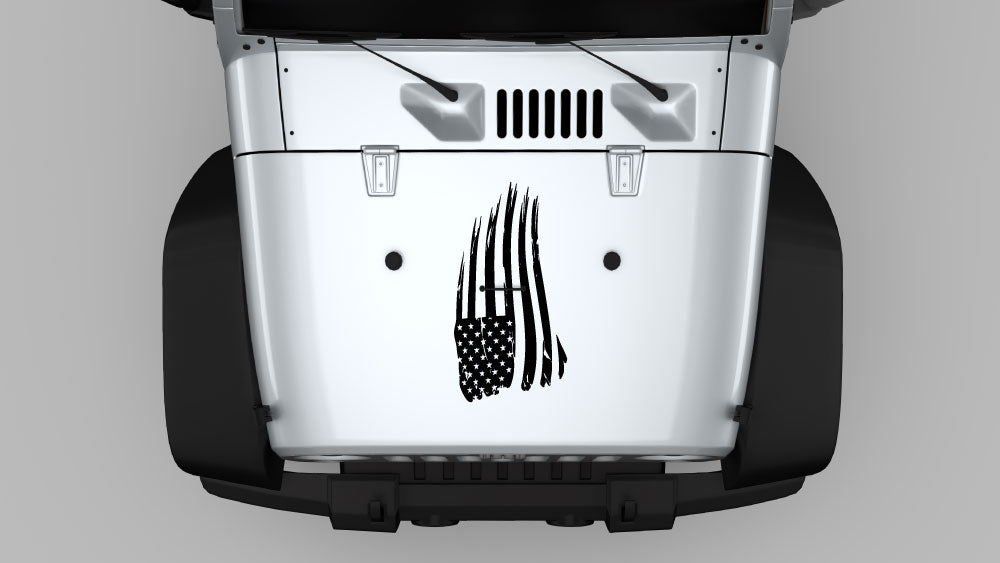 White Jeep Wrangler JK hood with Torn Vertical American Flag hood decal in black distressed style.
