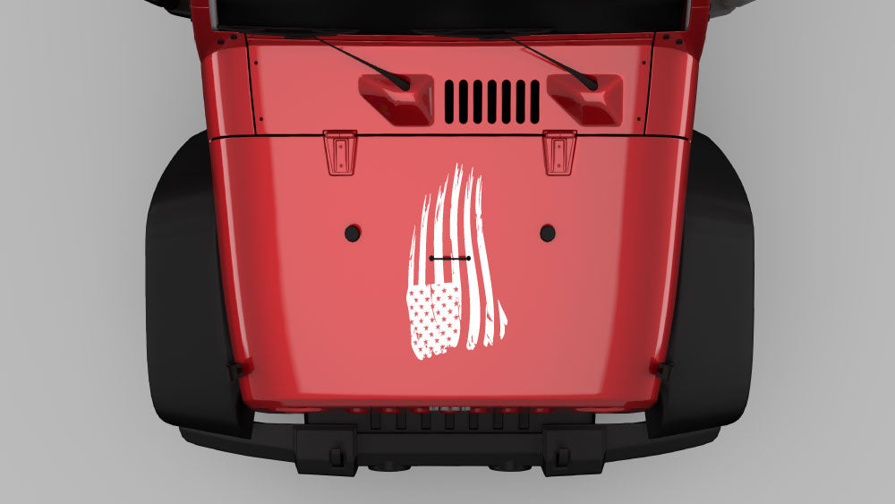 Red Jeep Wrangler JK hood with Torn Vertical American Flag hood decal in white distressed style.