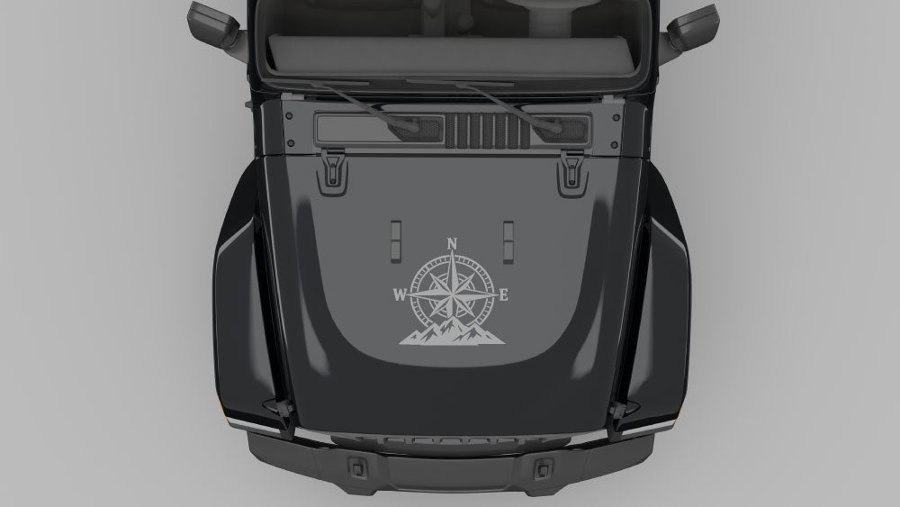 Gray trail compass hood decal graphics on black Jeep Wrangler JL hood