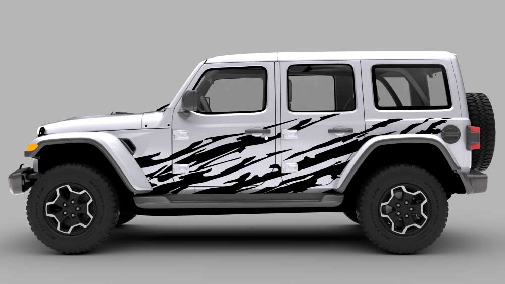 Black Trail Ripped Side Decal on silver Jeep Wrangler JL/JLU (full side view)