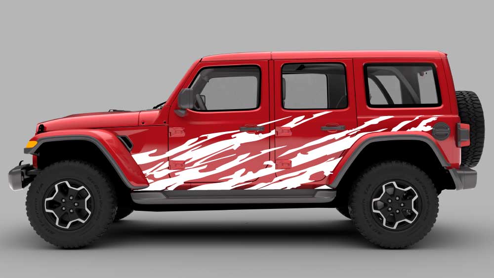 White Trail Ripped Side Decal on red Jeep Wrangler JL/JLU (full side view)