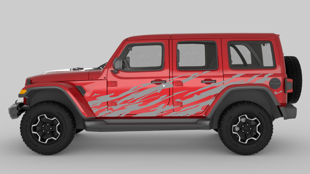 Gray Trail Ripped Side Decals on Red Jeep Wrangler JL