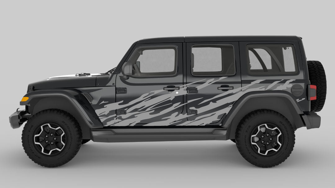 Gray Trail Ripped Side Decals on Black Jeep Wrangler JL