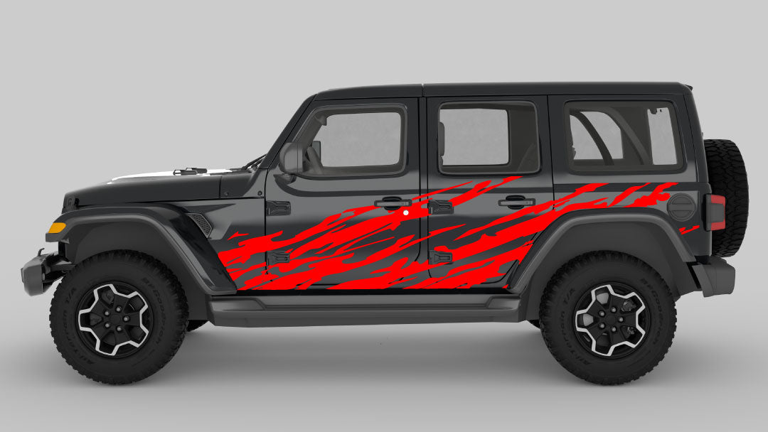 Red Trail Ripped Side Decals on Black Jeep Wrangler JL