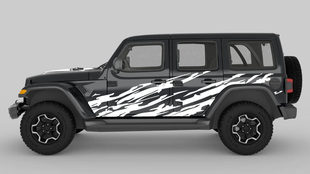 White Trail Ripped Side Decals on Black Jeep Wrangler JL