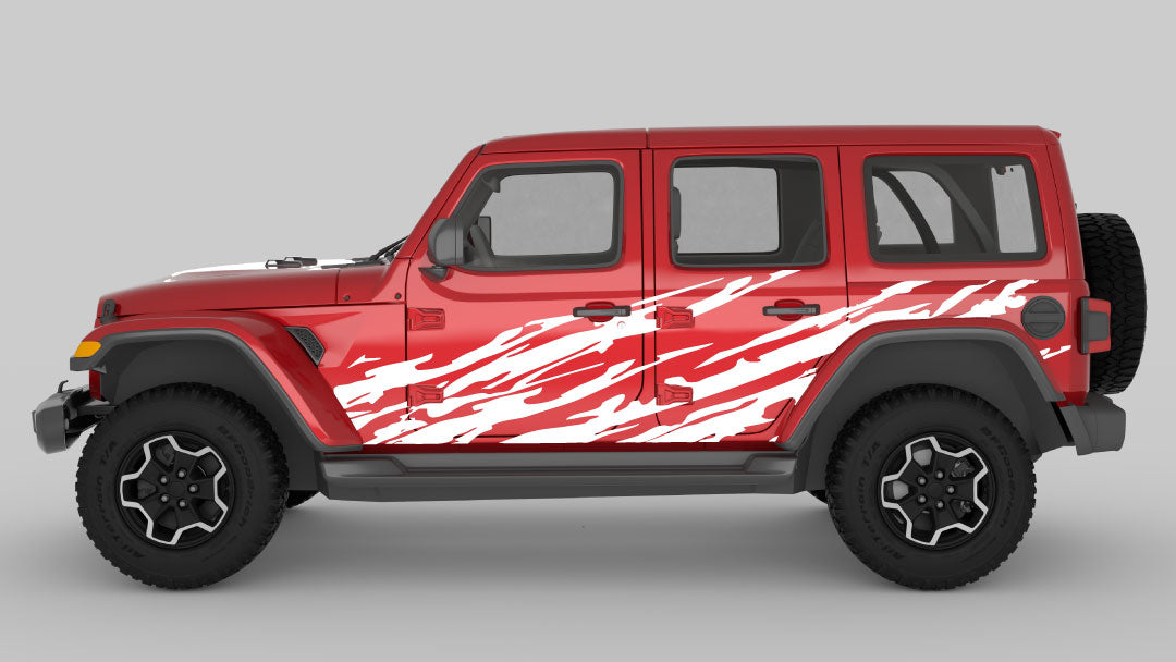 White Trail Ripped Side Decals on Red Jeep Wrangler JL