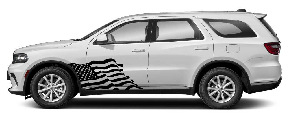 Dodge Durango 3rd gen side view featuring black USA flag front door vinyl decal graphics on the front door.