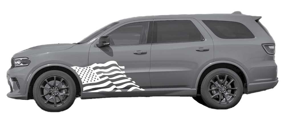 Dodge Durango 3rd gen side view with white USA flag front door vinyl decal graphic on driver door.