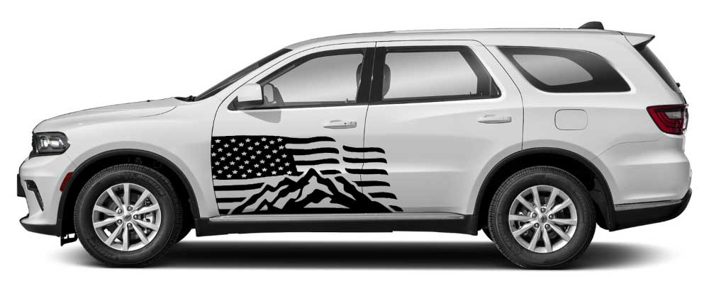 Dodge Durango side view with black USA flag mountains door decal vinyl graphic.