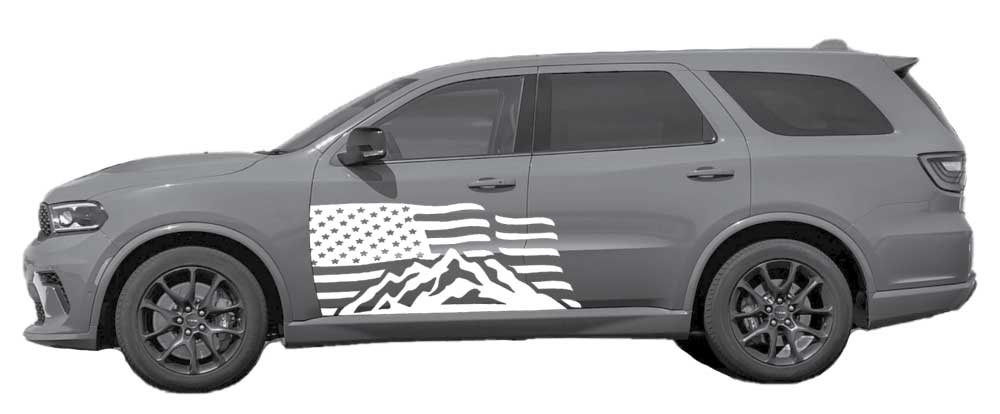 Dodge Durango side view with white USA flag and mountain door decal graphic.