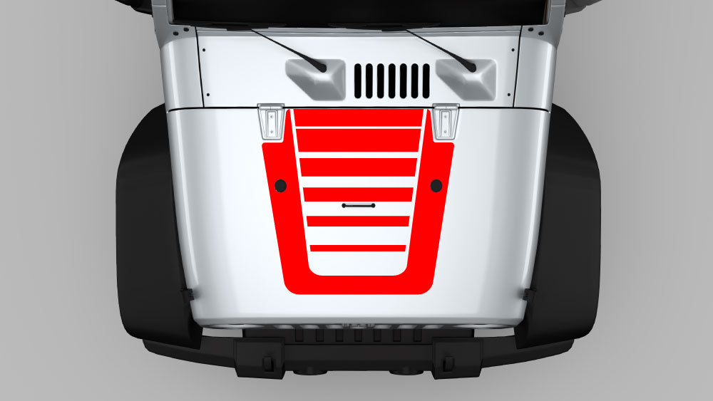 Red vented core hood decal vinyl graphic on Jeep Wrangler JK hood