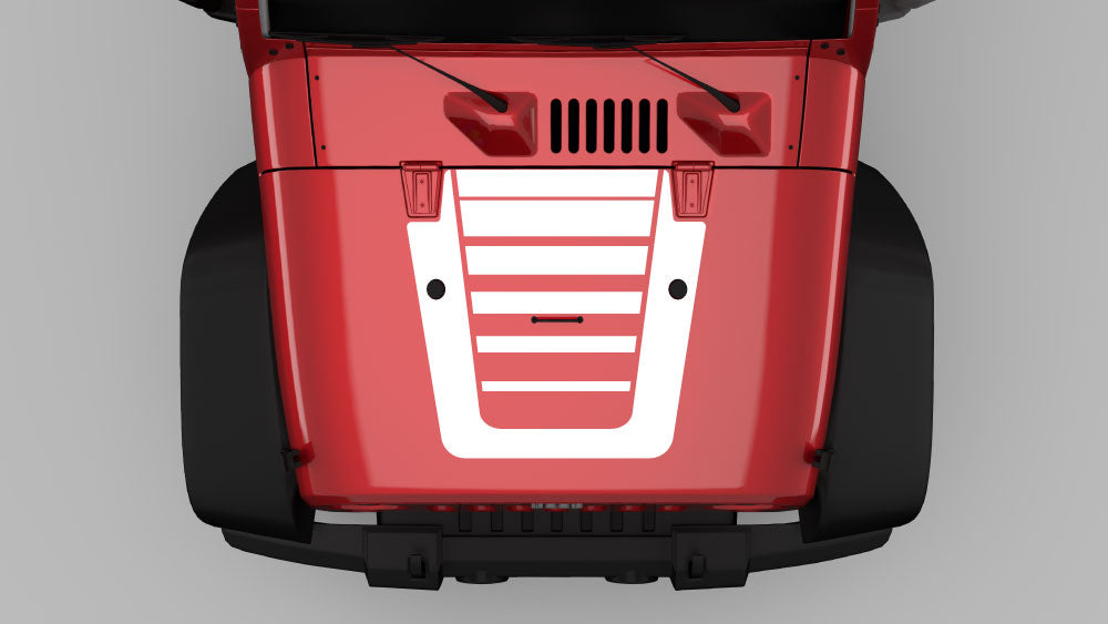 White vented core hood decal graphic on red Jeep Wrangler JK hood