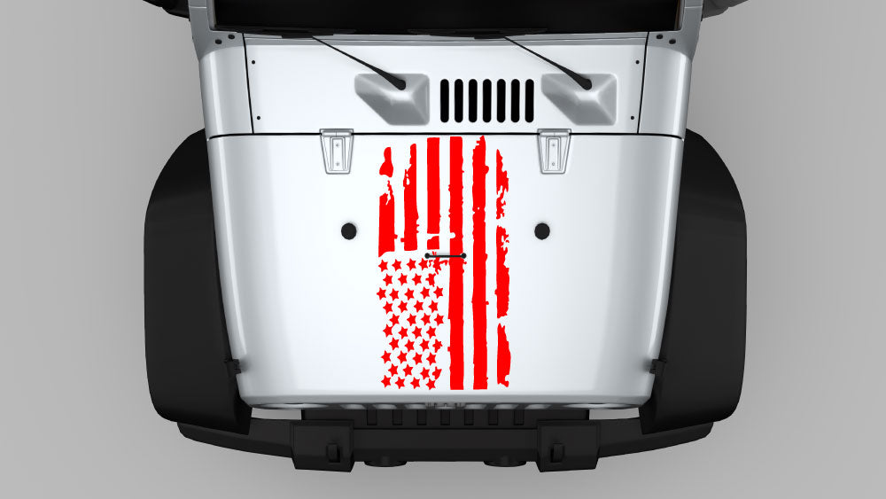 Red vertical liberty flag hood decal vinyl graphic on Jeep Wrangler JK
