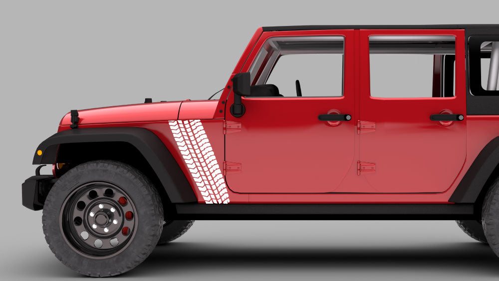 Red Jeep Wrangler JK with vertical tire tread fender decal graphic in white near door hinge area
