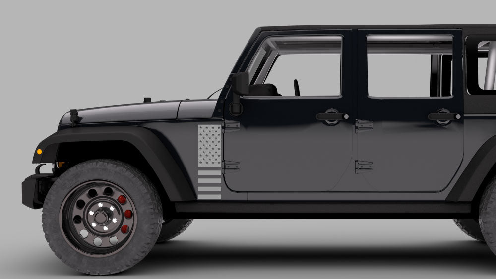Jeep Wrangler JK with vertical USA flag fender decal in gray on driver side front quarter panel