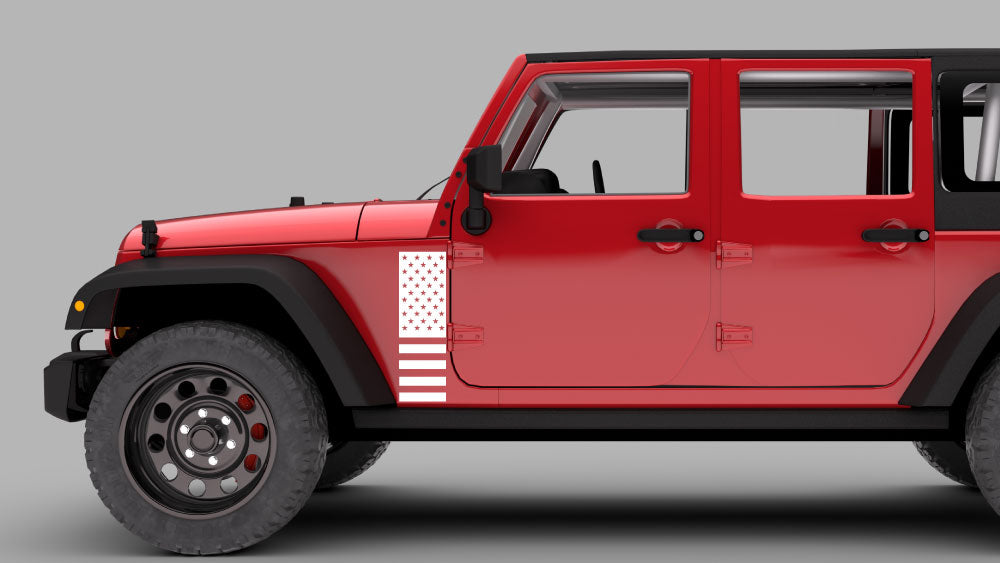 Jeep Wrangler JK with vertical USA flag fender decal in white on driver side front quarter panel