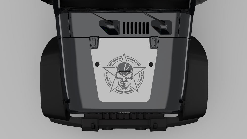 Gray warborn skull star hood decal on black Jeep Wrangler JK hood
