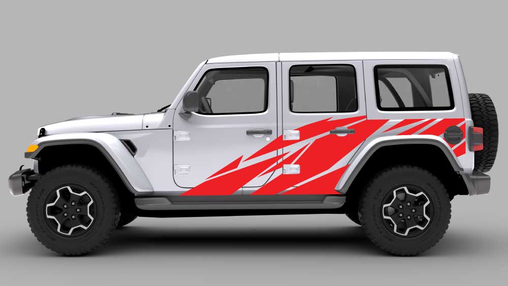 White Jeep Wrangler JL with red Warlord angled slash side decals across the doors and rear quarter panel.
