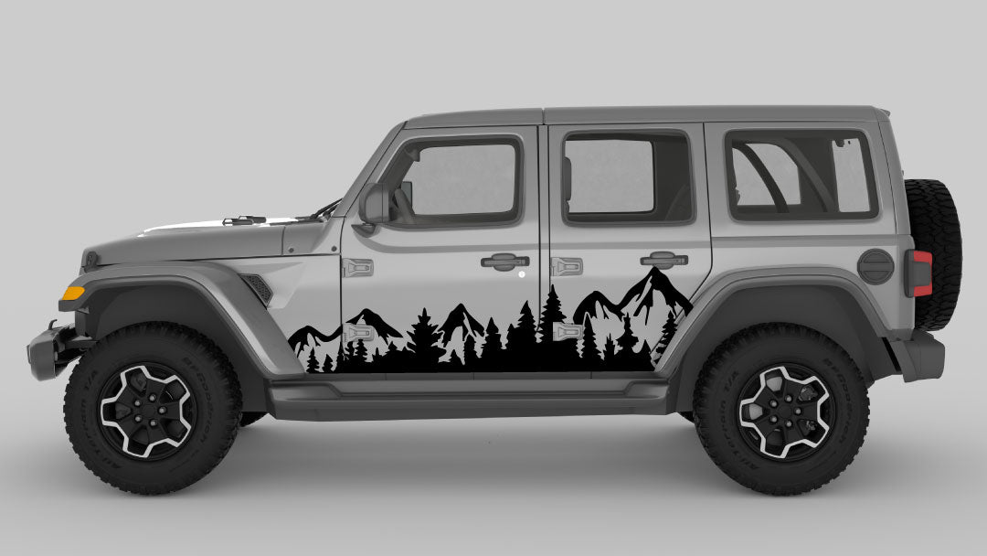 Black Adventure Ridge Mountain & Tree Side Decals on Gray Jeep Wrangler JL
