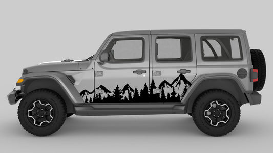 Black Adventure Ridge Mountain & Tree Side Decals on Gray Jeep Wrangler JL