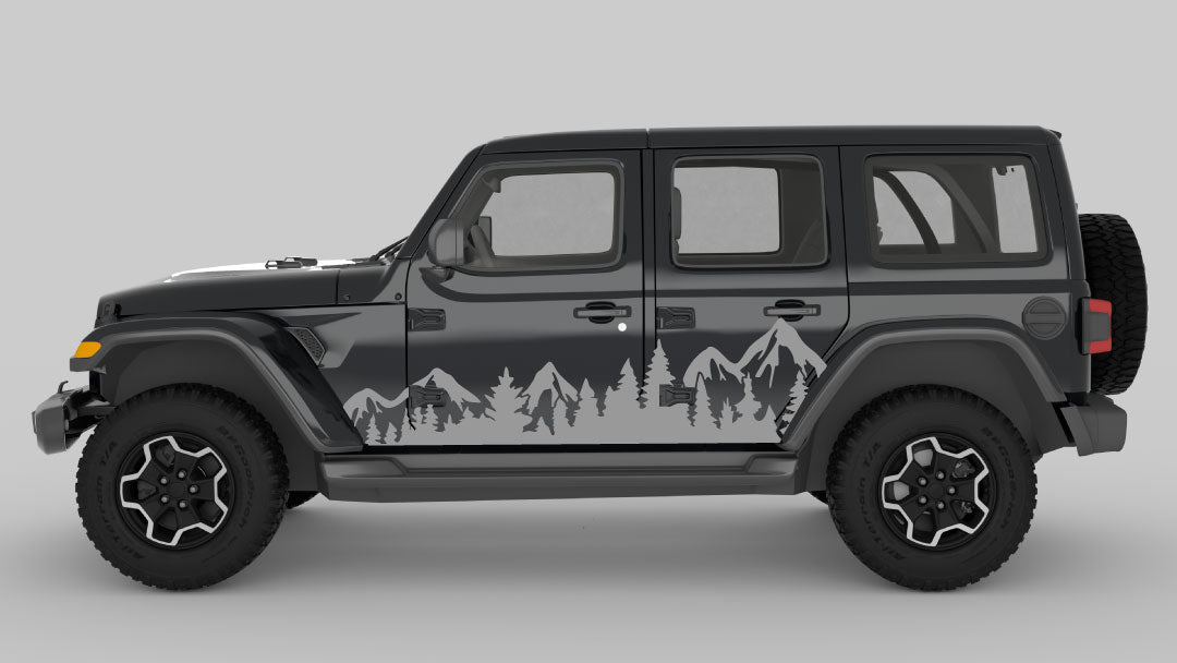 Gray Adventure Ridge Mountain & Tree Side Decals on Black Jeep Wrangler JL