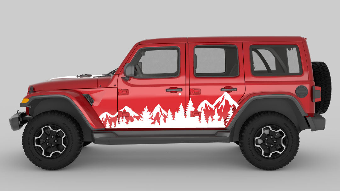 White Adventure Ridge Mountain & Tree Side Decals on Red Jeep Wrangler JL