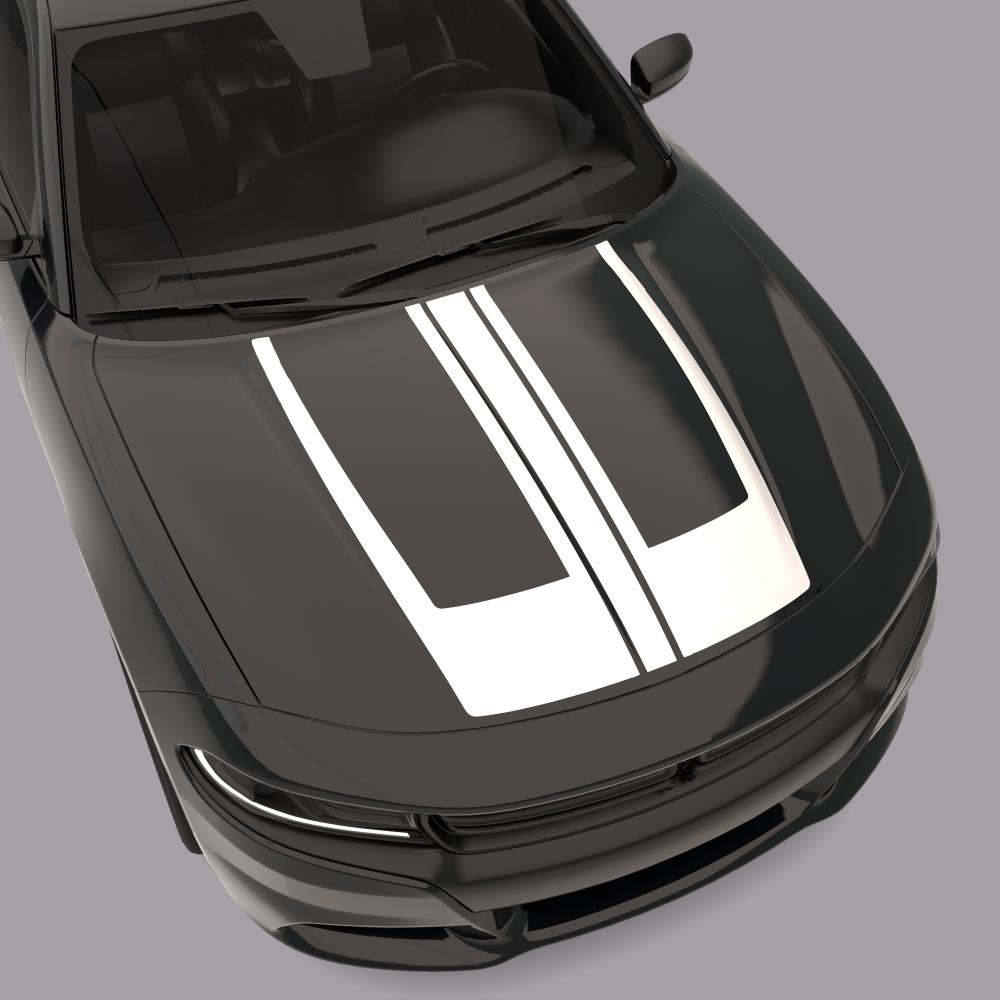Black car with white Centre Hood Accent Stripes